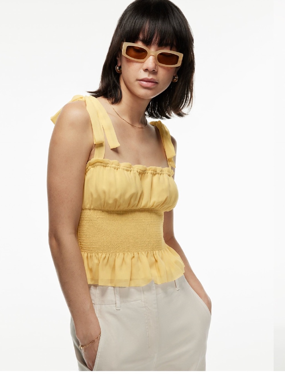 Aritzia Yellow Smocked Tie-Shoulder Camisole